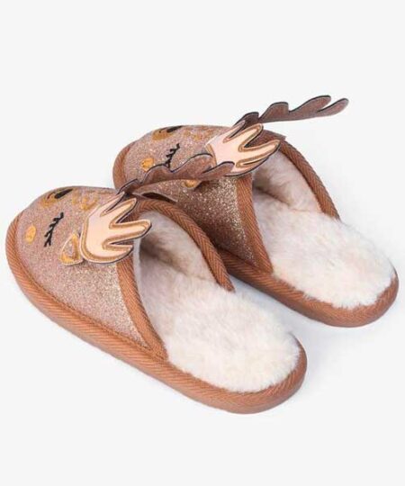 Zapatillas de casa de reno con cuernos y carita. De la marca Conguitos