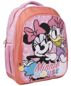 mochila escolar minnie tonos rosa para carro y espalda