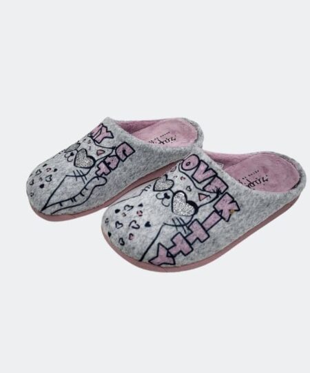 zapatilla de casa gris con gato y glitter plata de la marca zapy